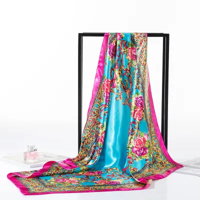 Women Fashion Satin Floral Printed Square Silk Scarf 90*90cm