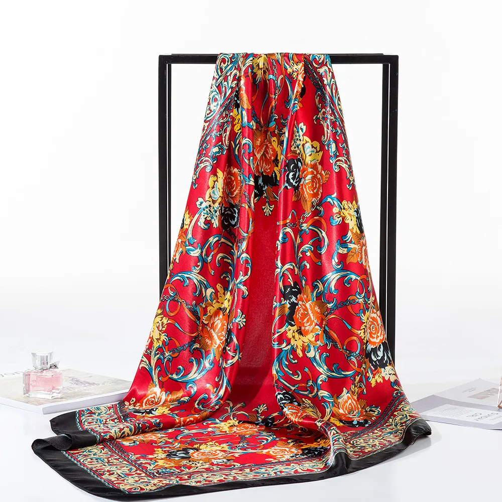 Women Fashion Satin Floral Printed Square Silk Scarf 90*90cm