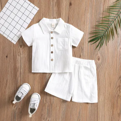 Toddlers Newborn Baby Boys Casual Short Sleeve Solid Color Lapel Shirt And Shorts 2pcs Set