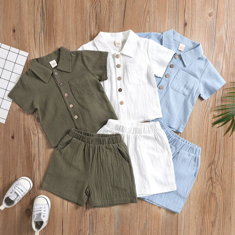 Toddlers Newborn Baby Boys Casual Short Sleeve Solid Color Lapel Shirt And Shorts 2pcs Set