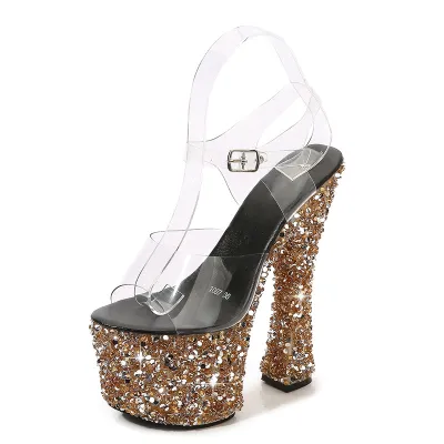 Nightclub Pole Dance Women's Sexy Sequins Waterproof Platform High Heel Sandals