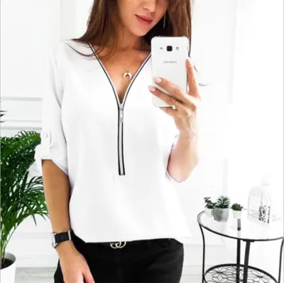 Women Plus Size Long Sleeve Zipper V-Neck T-Shirt