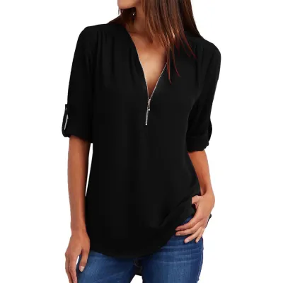 Women Plus Size Long Sleeve Zipper V-Neck T-Shirt