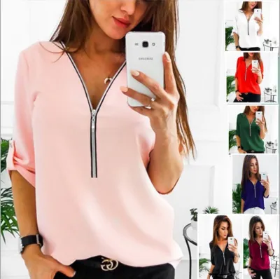 Women Plus Size Long Sleeve Zipper V-Neck T-Shirt