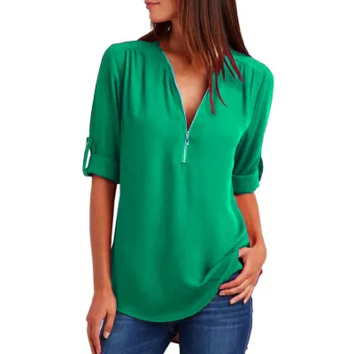 Women Plus Size Long Sleeve Zipper V-Neck T-Shirt