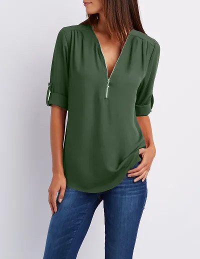 Women Plus Size Long Sleeve Zipper V-Neck T-Shirt