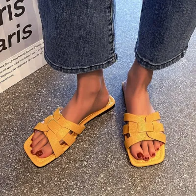 Summer Women Plus Size Solid Color Square Toe Flat PU Slippers Slip On
