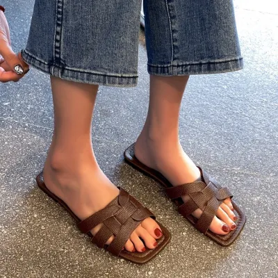 Summer Women Plus Size Solid Color Square Toe Flat PU Slippers Slip On