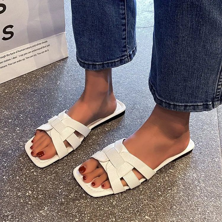 Summer Women Plus Size Solid Color Square Toe Flat PU Slippers Slip On