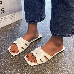 Summer Women Plus Size Solid Color Square Toe Flat PU Slippers Slip On