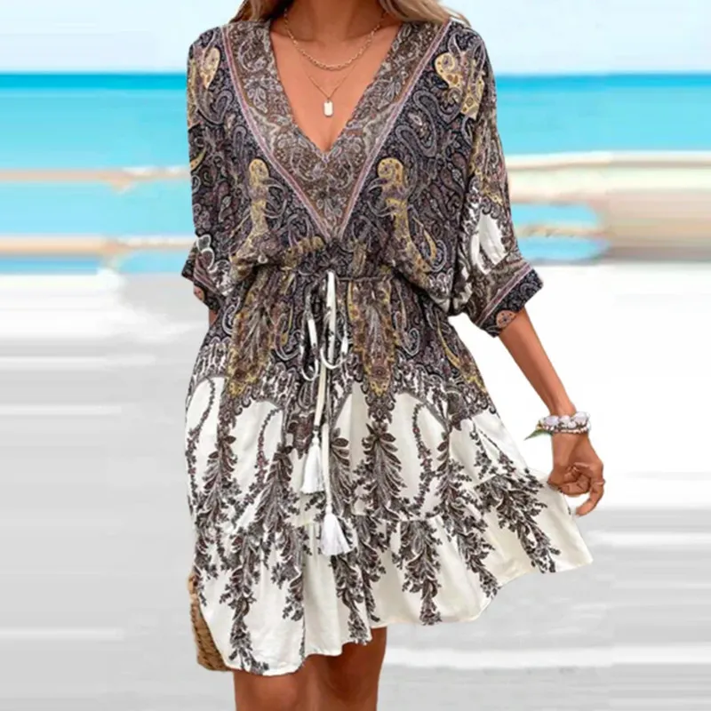 Western Summer Women Casual V-Neck 3D Graphic Printing Dress