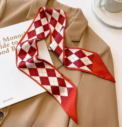 Women Double-Layer Satin Diamond Long Ribbon Scarf