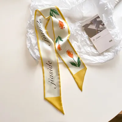 Women Double-Layer Satin Diamond Long Ribbon Scarf