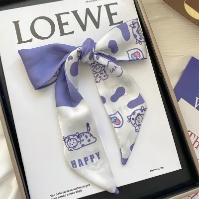 Women Double-Layer Satin Diamond Long Ribbon Scarf
