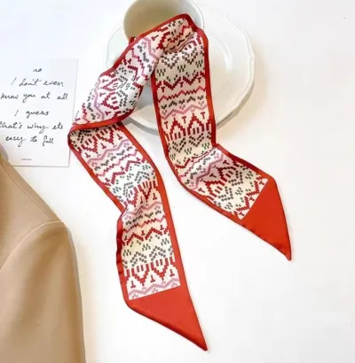 Women Double-Layer Satin Diamond Long Ribbon Scarf