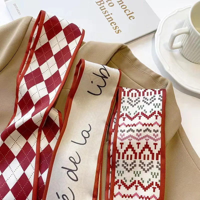 Women Double-Layer Satin Diamond Long Ribbon Scarf
