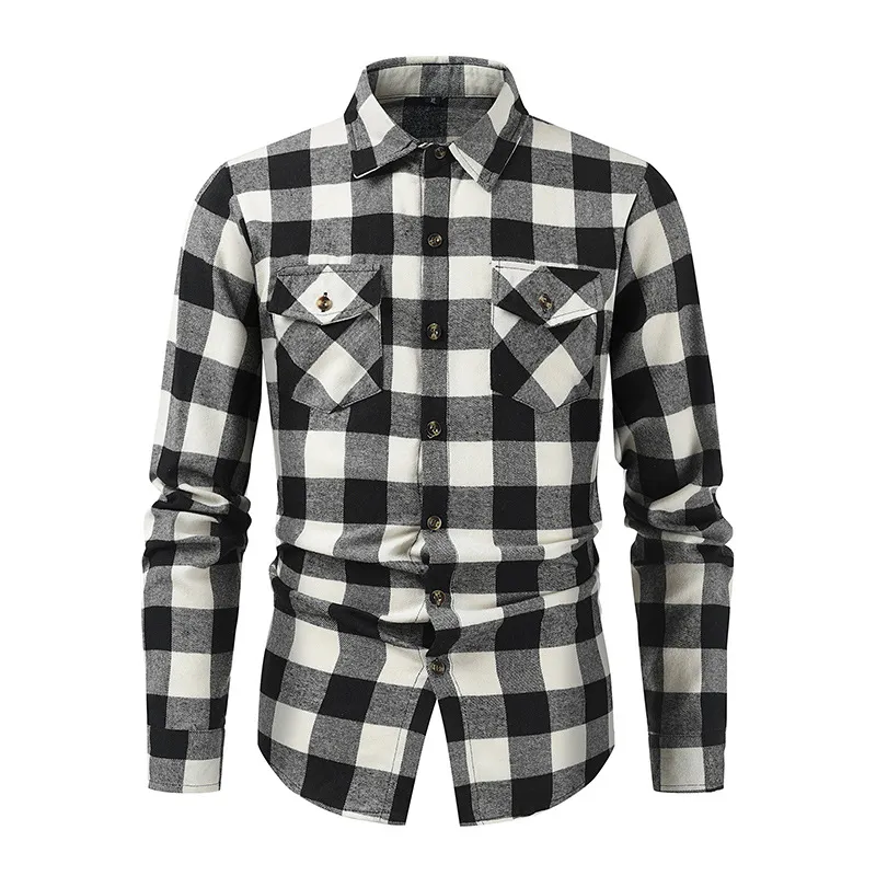 Autumn Winter Men Fashion Punk Plaid Lapel Long Sleeve Cardigan Shirt