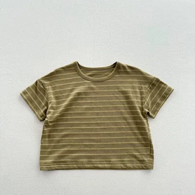 Kids Toddler Boys Girls Casual Cute Stripe Print Short Sleeve Crewneck Cotton T-Shirt
