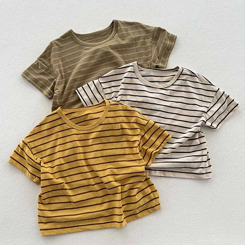 Kids Toddler Boys Girls Casual Cute Stripe Print Short Sleeve Crewneck Cotton T-Shirt