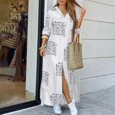 Summer Women Fashion Graphic Printed Long Sleeve Shirt Dress