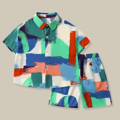 Kids Toddler Boys Casual Color Matching Print Short Sleeve Lapel Shirt Shorts Sets