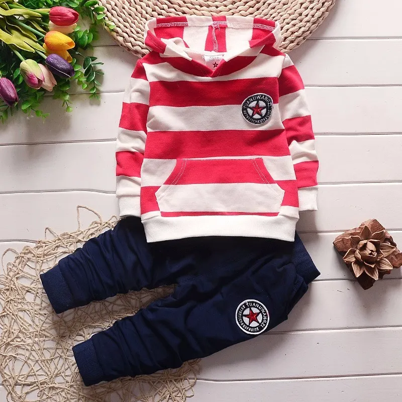Kids Baby Boys Fashion Stripe Print Long Sleeve Hoodie and Pants Set Cotton 2-Piece Outfit