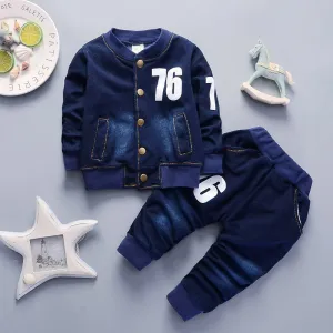Kids Baby Boys Fashion Casual Digital Print Long Sleeve Denim Jacket Jeans Set