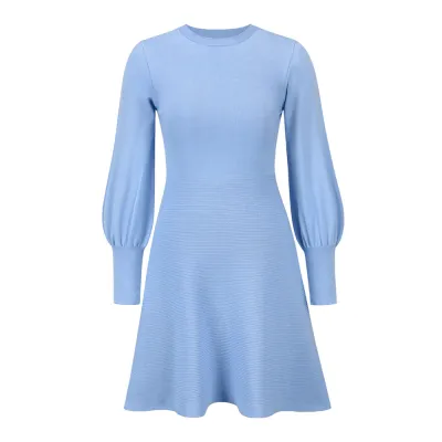 Autumn Winter Women Fashion Solid Color Round Neck Long Sleeve Knitted A-Line Dress