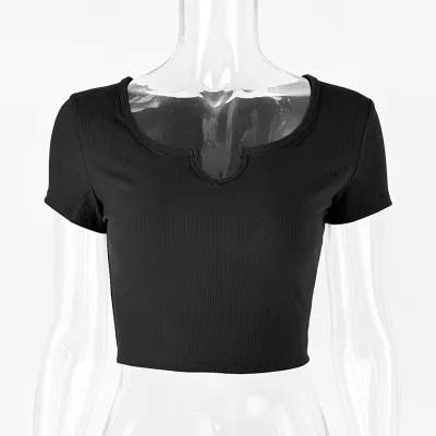 Summer Women Cotton Rib-Knit Slim-Fit V-Neck Short-Sleeved Crop Top