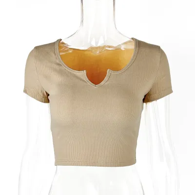 Summer Women Cotton Rib-Knit Slim-Fit V-Neck Short-Sleeved Crop Top