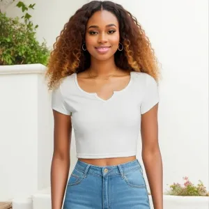 Summer Women Cotton Rib-Knit Slim-Fit V-Neck Short-Sleeved Crop Top