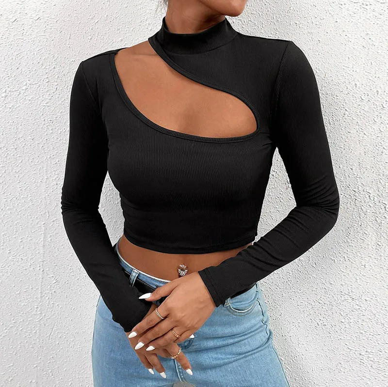 Women Slim-Fit Cut Out Long-Sleeved Crop Top Autumn Winter Polyester Street Hipster