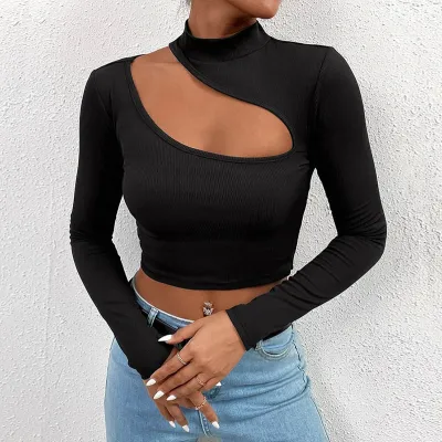 Women Slim-Fit Cut Out Long-Sleeved Crop Top Autumn Winter Polyester Street Hipster