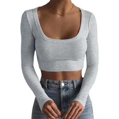 Women Rib-Knit Crop Top Long Sleeve Crewneck Slim Fit Polyester Fresh Sweet