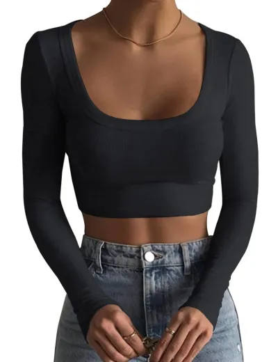 Women Rib-Knit Crop Top Long Sleeve Crewneck Slim Fit Polyester Fresh Sweet