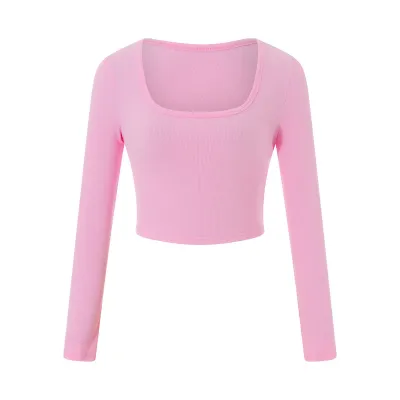 Women Rib-Knit Crop Top Long Sleeve Crewneck Slim Fit Polyester Fresh Sweet