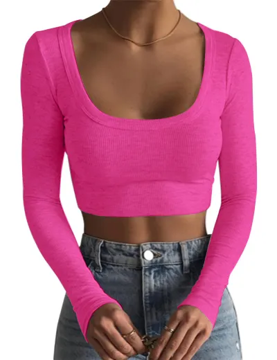 Women Rib-Knit Crop Top Long Sleeve Crewneck Slim Fit Polyester Fresh Sweet