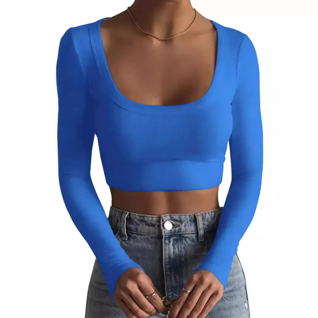 Women Rib-Knit Crop Top Long Sleeve Crewneck Slim Fit Polyester Fresh Sweet