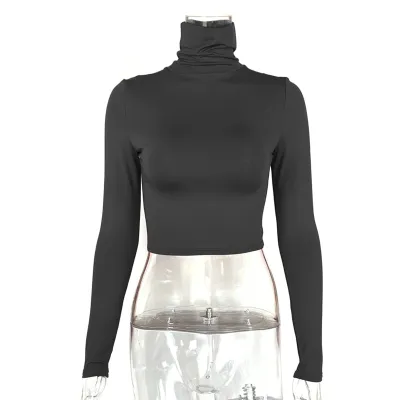 Autumn Women Sexy Slim-Fit Long-Sleeved Turtle Neck Crop Top