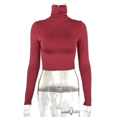Autumn Women Sexy Slim-Fit Long-Sleeved Turtle Neck Crop Top