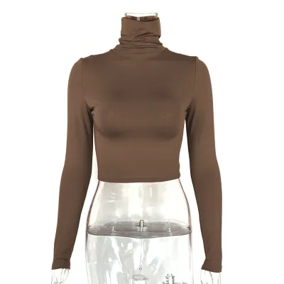 Autumn Women Sexy Slim-Fit Long-Sleeved Turtle Neck Crop Top