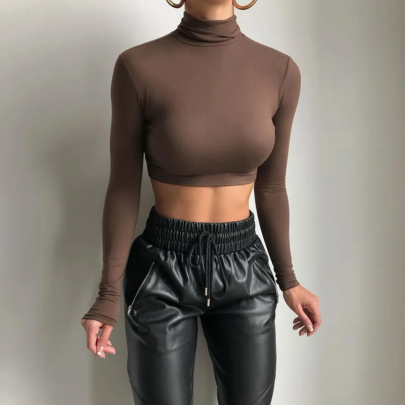 Autumn Women Sexy Slim-Fit Long-Sleeved Turtle Neck Crop Top