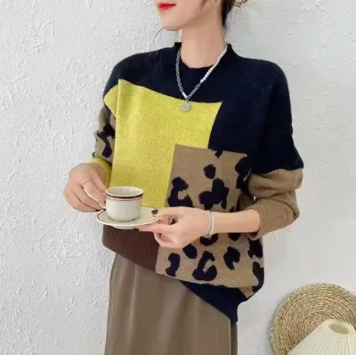 Autumn Winter Women Fashion Leopard Stitching Round Neck Long Sleeve Knitted Sweater