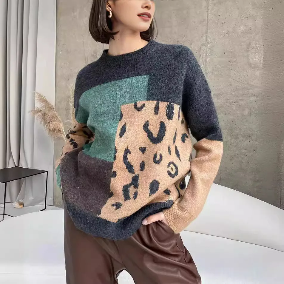 Autumn Winter Women Fashion Leopard Stitching Round Neck Long Sleeve Knitted Sweater
