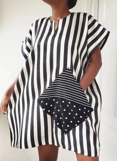 Women Plus Size Casual Fairy Dress Stripe Printed Short Sleeve