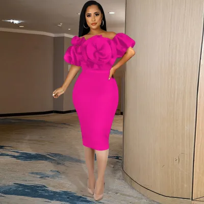 Women Fashion Sexy Three-Dimensional Rose Off Shoulder Bubble Sleeve Party Dress
