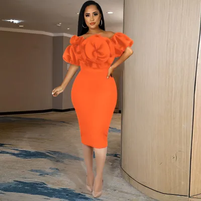 Women Fashion Sexy Three-Dimensional Rose Off Shoulder Bubble Sleeve Party Dress