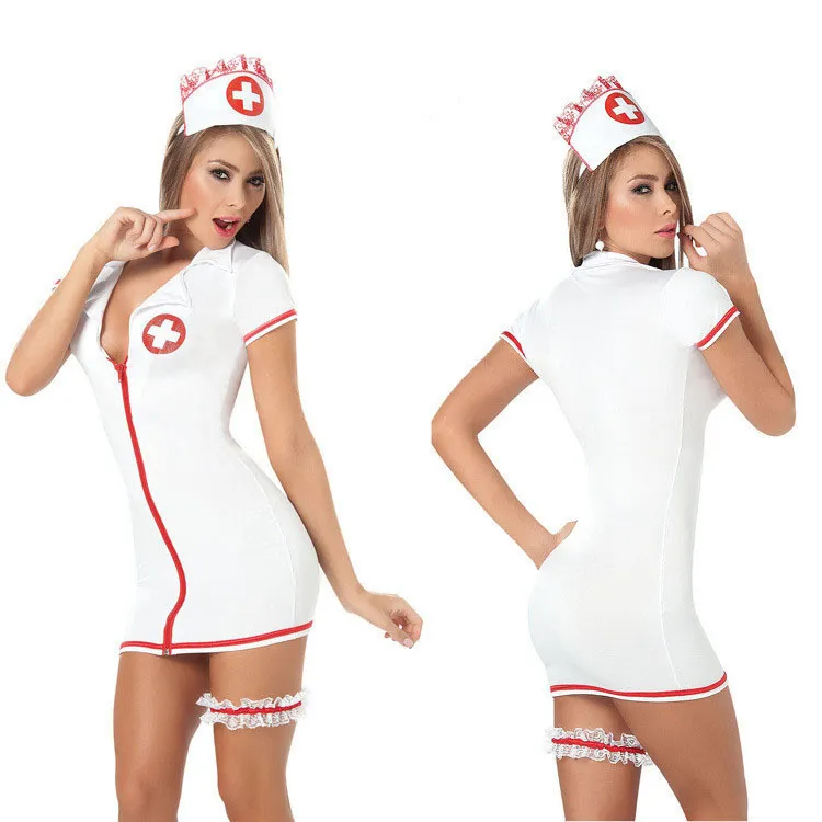 Women Sexy Perspective Zipper Nurse Uniform Bra Set Costume
