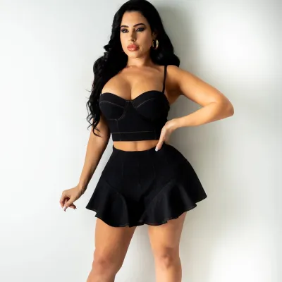 Women Denim Strap Top Shorts Two-Piece Set - Street Hipster Style