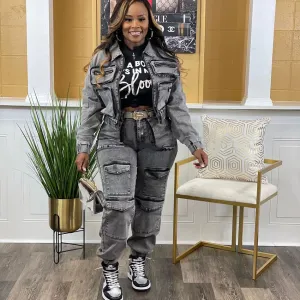 Women's Casual Denim Two-Piece Set with High Elasticity and Multi-Pocket Design